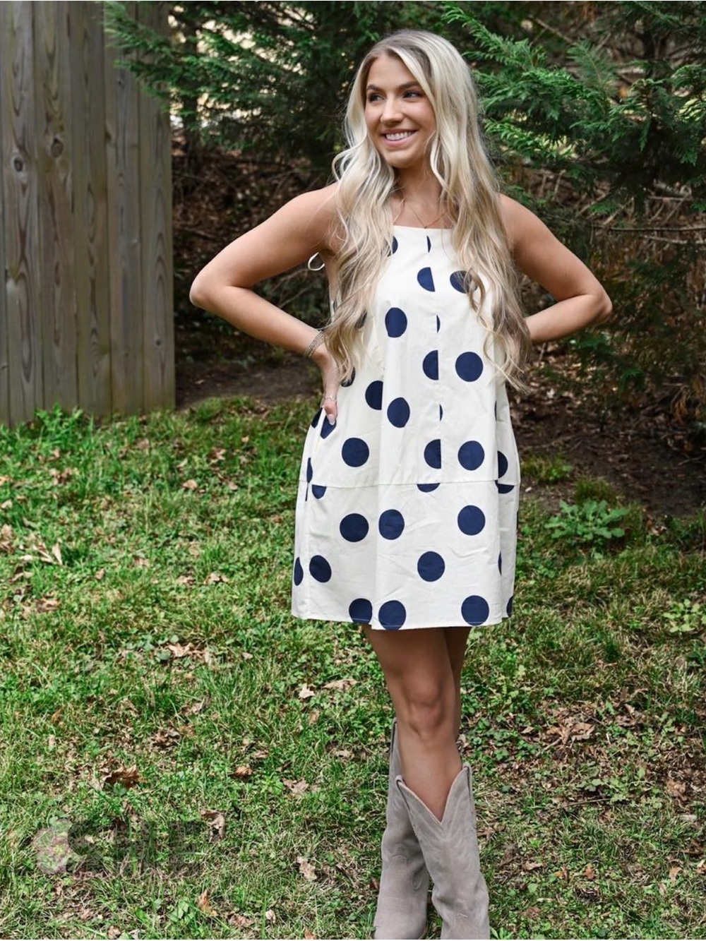 Sleeveless Polka Dot Mini Dress in Cream and Navy